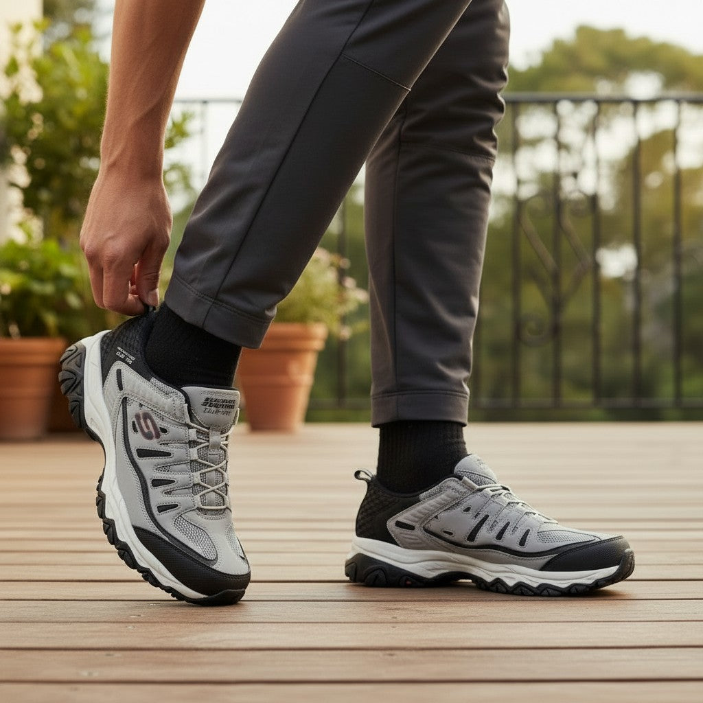 Tenis todeka Skechers Slip-ins grises de malla y cuero con suela de tracción para hombre en exteriores
